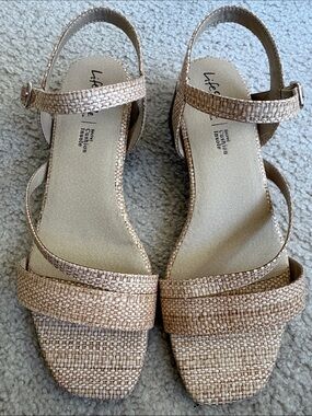 Life Stride Neutral Woven Block Heel Sandals in Beige
